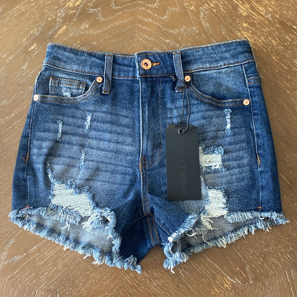 KENDAL & KYLIE The drifter high rise Distress Dark Wash Women’s Shorts SIZE 1/25